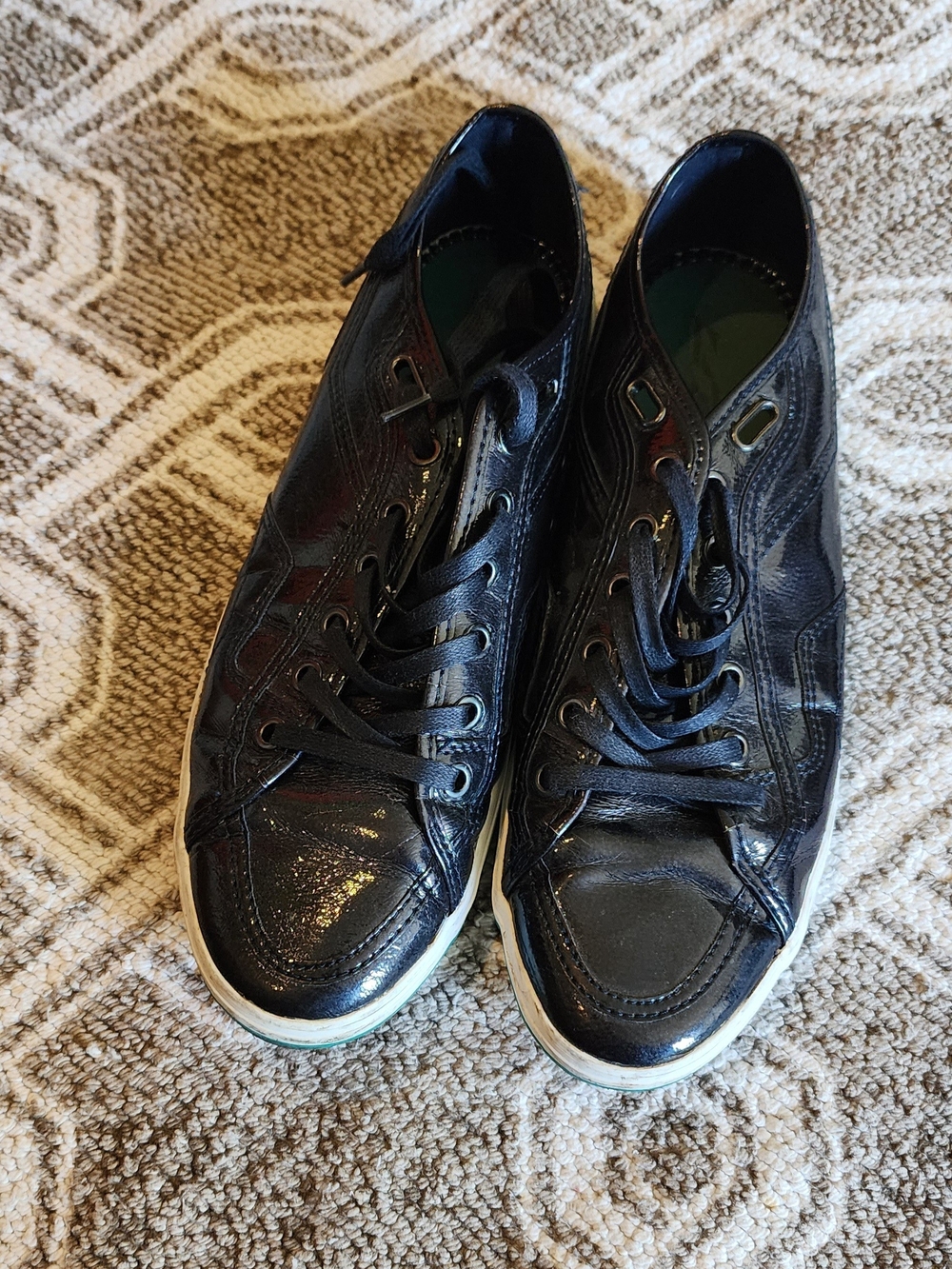 Zara Black Patent Leather Lace-Up Sneakers with White Trim